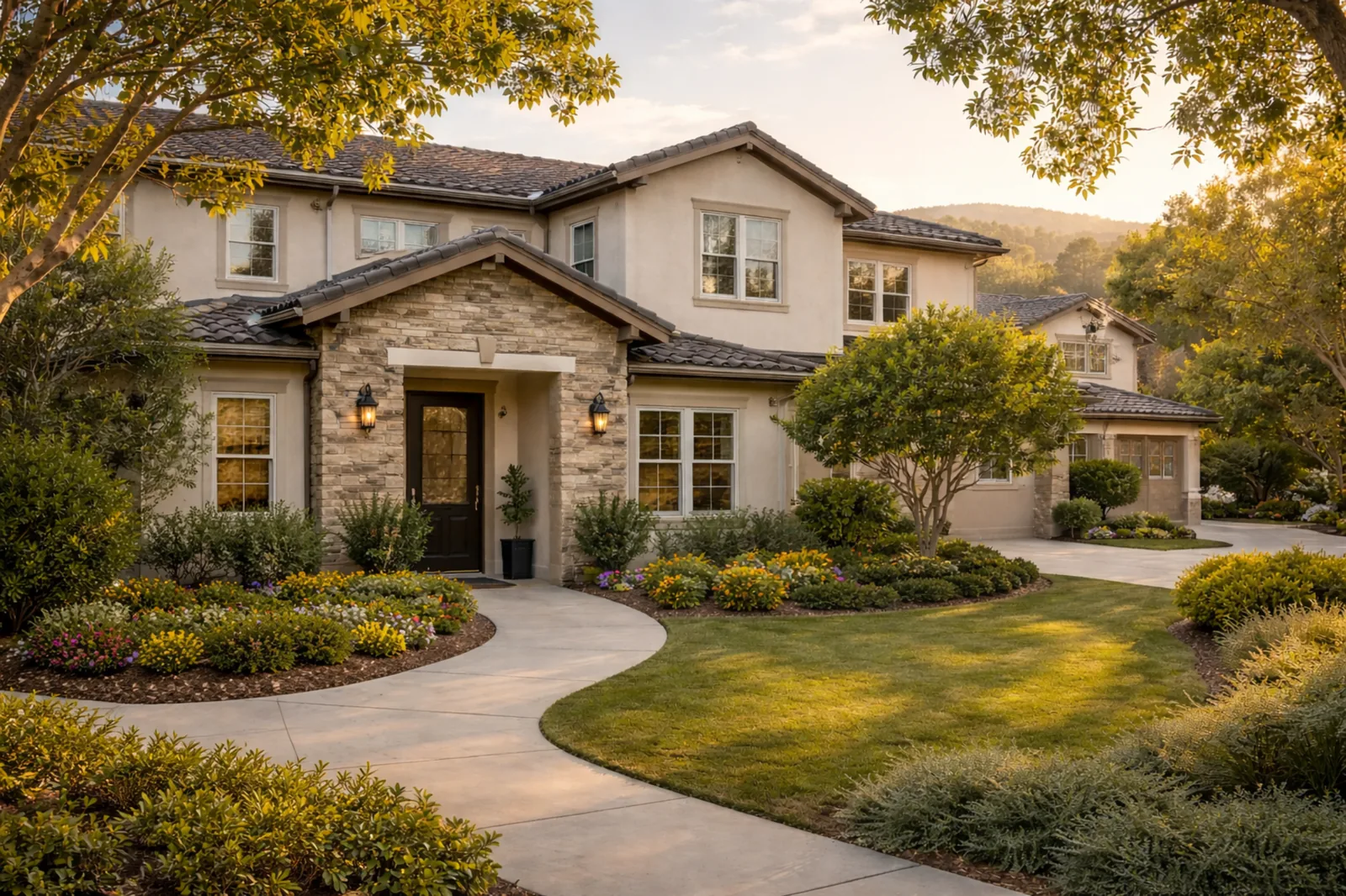 An upscale sober living home exterior with clean landscaping and a calm residential feel.